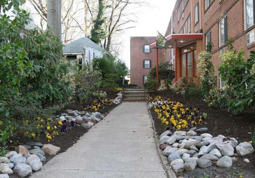 Entrance to a residential building at Eola公园 apartments for rent surrounded by yellow and purple flowers